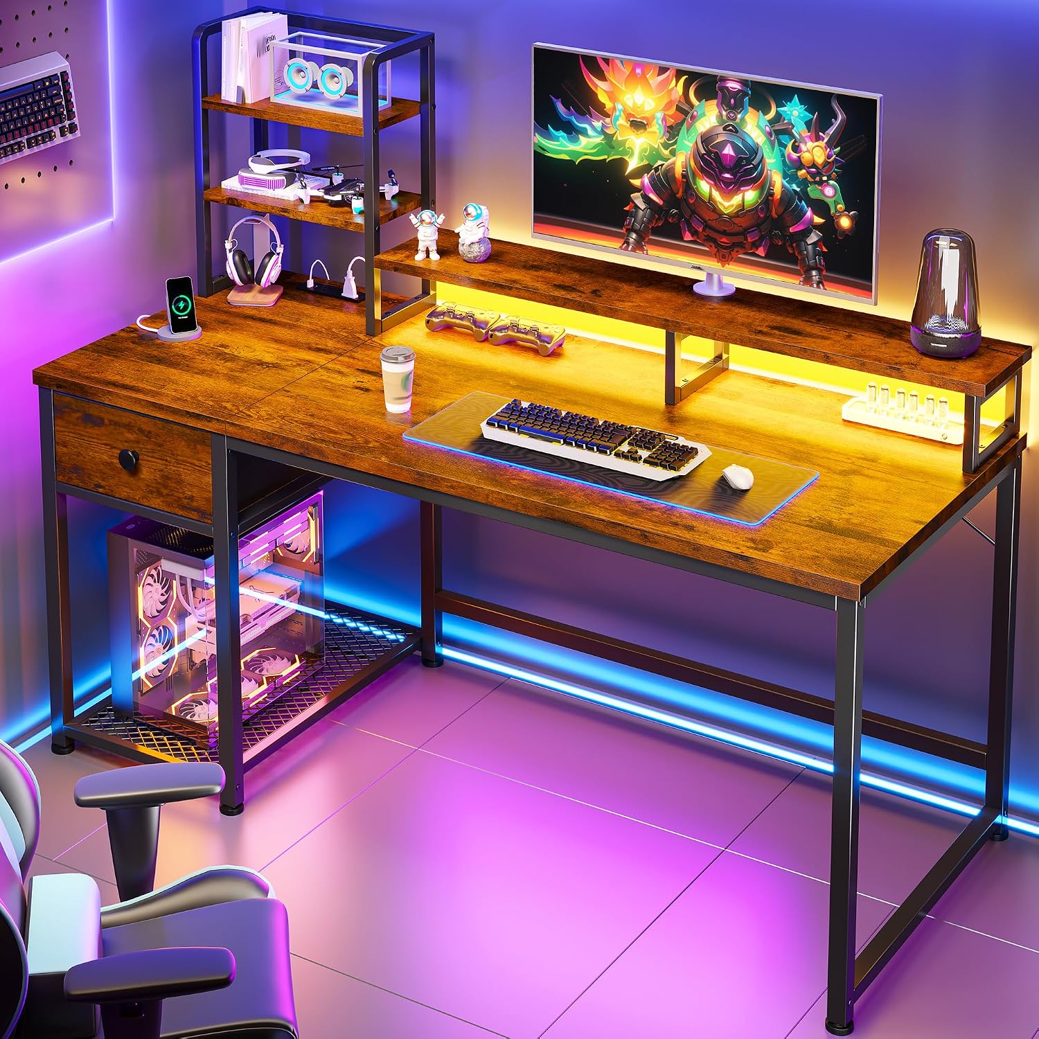 Desk Setup Brown - Małe biurko komputerowe z nadstawką i